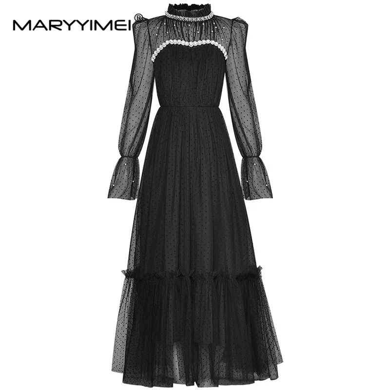 

MARYYIMEI Designer Women's Summer Fashion dress Crystal Beading Standing collar Long sleeved Mesh Dot Commuter Elegant Dresses