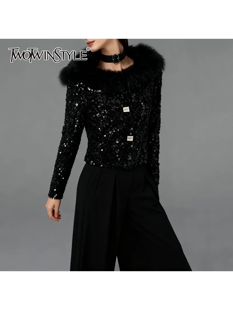 

TWOTWINSTYLE Solid Spliced Sequins Fashion Short Jackets for Women Fur Collar Long Sleeves Temperament Jacket Female Clothes New