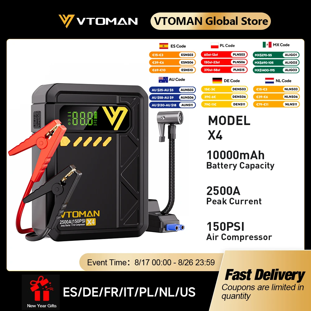 Image of VTOMAN X4 2500A Auto-Starthilfe, 150 PSI, Luftpumpe, Autobatterie, Notfall-Booster, Startgerät, Auto-Starter für 8,5 l/6,0 l