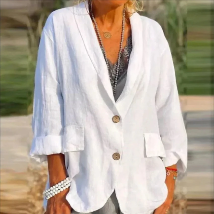 Giacca da ufficio in cotone e lino donna autunno cappotti Casual per donna bianco nero vestiti larghi blazer Vintage primaverili