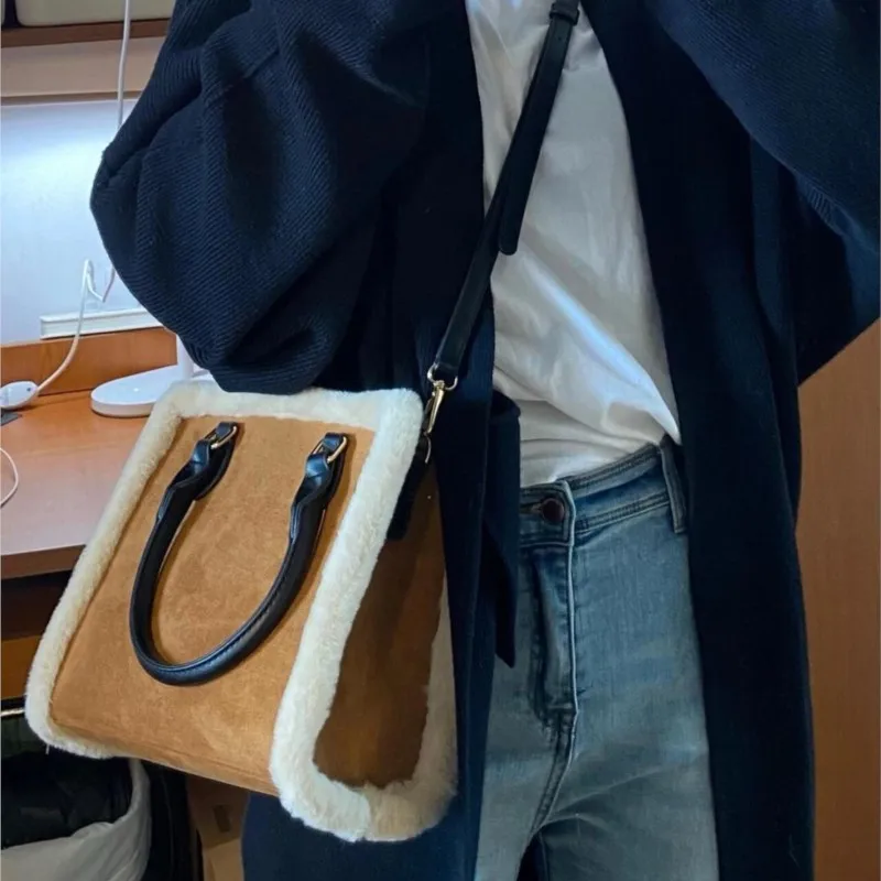 

Retro Plush Commute Handheld Tote Bag Women Large Capacity Frosted Texture Shoulder Bag Ladies Casual Commute Crossbody Bag 2025
