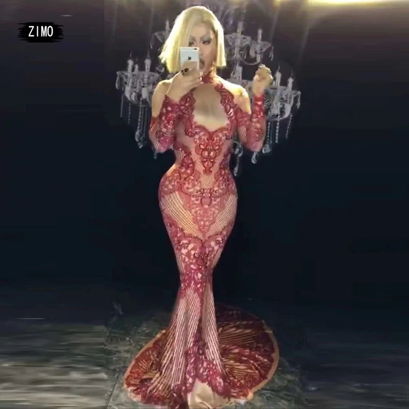 

drag queen costumes Red Rhinestones Mermaid long sleeve Dress Singer Stage Evening Party club Celebrate birthday wedding outfits