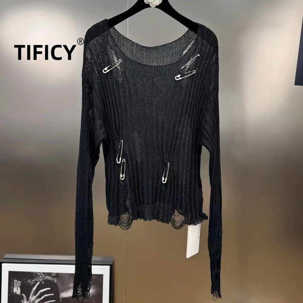 

High Street Knit Tees SweaterTops Women's Summer Pin Hollow Hole Knitted Round Neck Long Sleeved Streetwear Tshirt Top