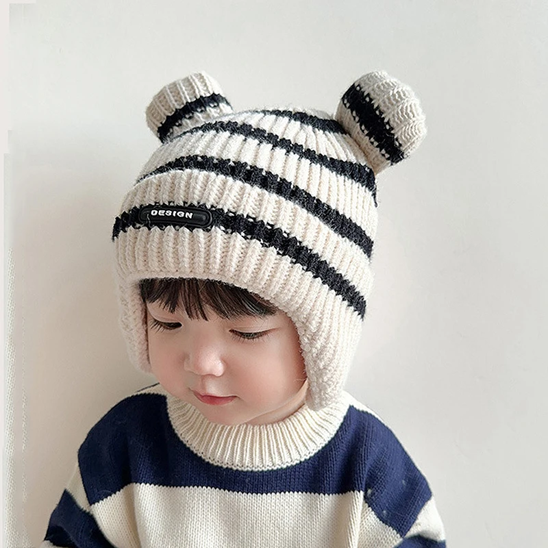 شتاء دافئ الطفل سدادات حماية الأذن قبعة موضة مخطط الاطفال قبعات منسوجة 6-12 شهر الوليد غطاء للأذنين قبعة سميكة الصوفية الرضع بيني