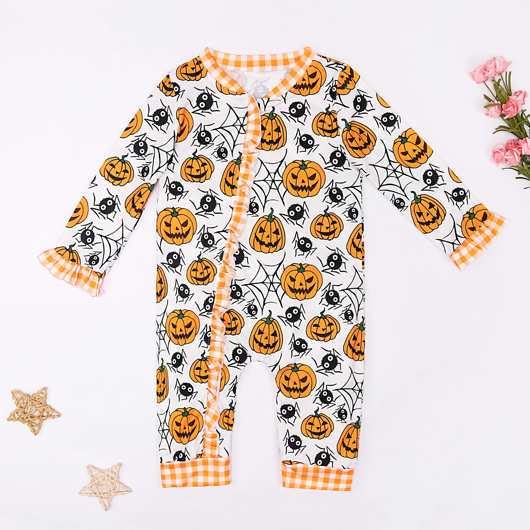 

Baby Girl Clothes Fall Fashion Style Children Sleepwear Yellow Bubble Cotton Boutique Sweet Ropmer WithPumpkin Grimace For 0-3m