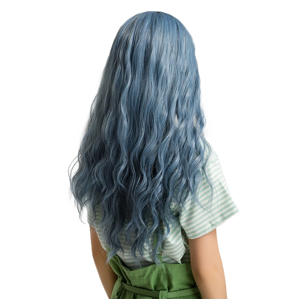 Damesmode Feest Lang Haar Pruik-Blauw Golvende Synthetische Volledige Hoofdband, Modieuze Styling In Één Stap