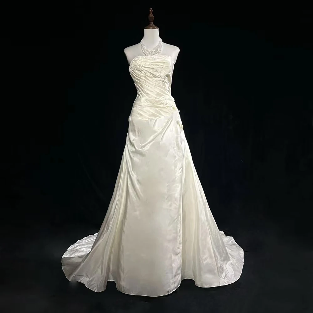 

2025 Luxury White Trailing Crystal Pleat Prom Dresses Floor Length A-line Pretty Elegant Exquisite Women Wedding Evening Dresses