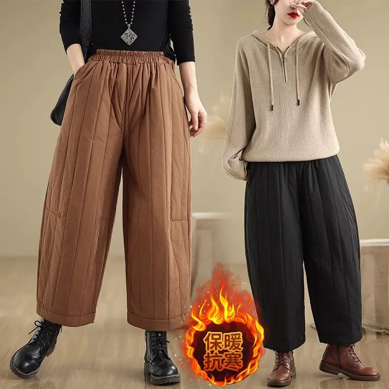 Japanese Style Lazy And Versatile Cotton Wide Leg Pants For Women Autumn Winter Loose Thick Elastic Waist Casual Trousers A482