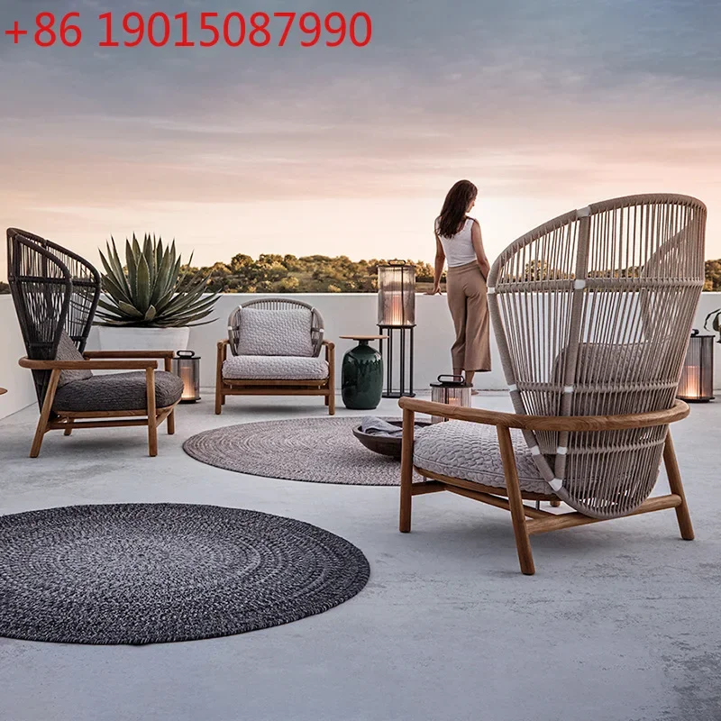 

Уличный диван из тикового дерева с веревочным плетением, кресло с высокой спинкой для патио, виллы, террасы, солнечной комнаты, плетеное кресло из ротанга