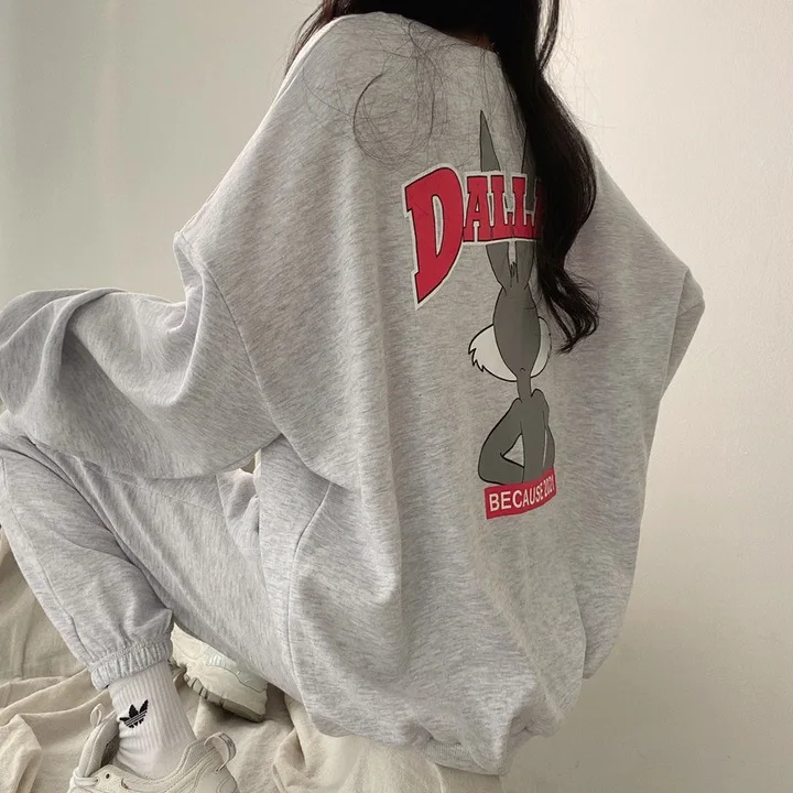 

Women's Cartoon Fashion Korean Style round Neck Fleece Lined Casual Two Piece Set Spring Autumn Active Sweatshirt Sweatpants