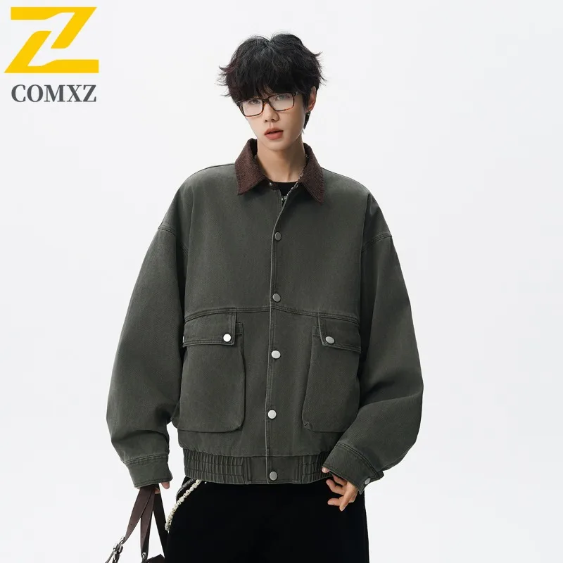 

​​COMXZ 2025 Men American Vintage Style Jacket Washed Workwear Coat Loose Fit Urban Fashion Autumn Casual Wear​​ Tactics Trench