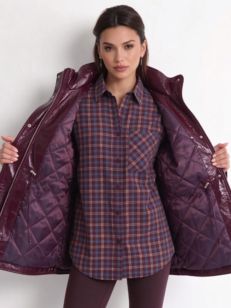 Women Oversized Glossy Faux Leather Coat Stand Neck Drawstring Waist Multi Pocket Long Sleeve Daily Casual Winter Outer Jacket