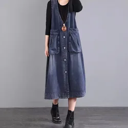 Oversized Women's Denim Waistcoat Dress Spring Autumn Long Large Pocket Belly Skirt Fashion Female Korean Cowboy Strap Dresses