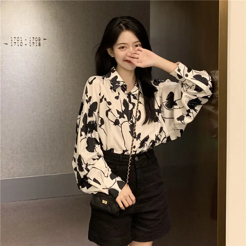 Plus Size 3XL 130kg Autumn Women's Shirts and Blouses Long Sleeve Floral Printed Korean Style Elegant Top Large Women Clothing