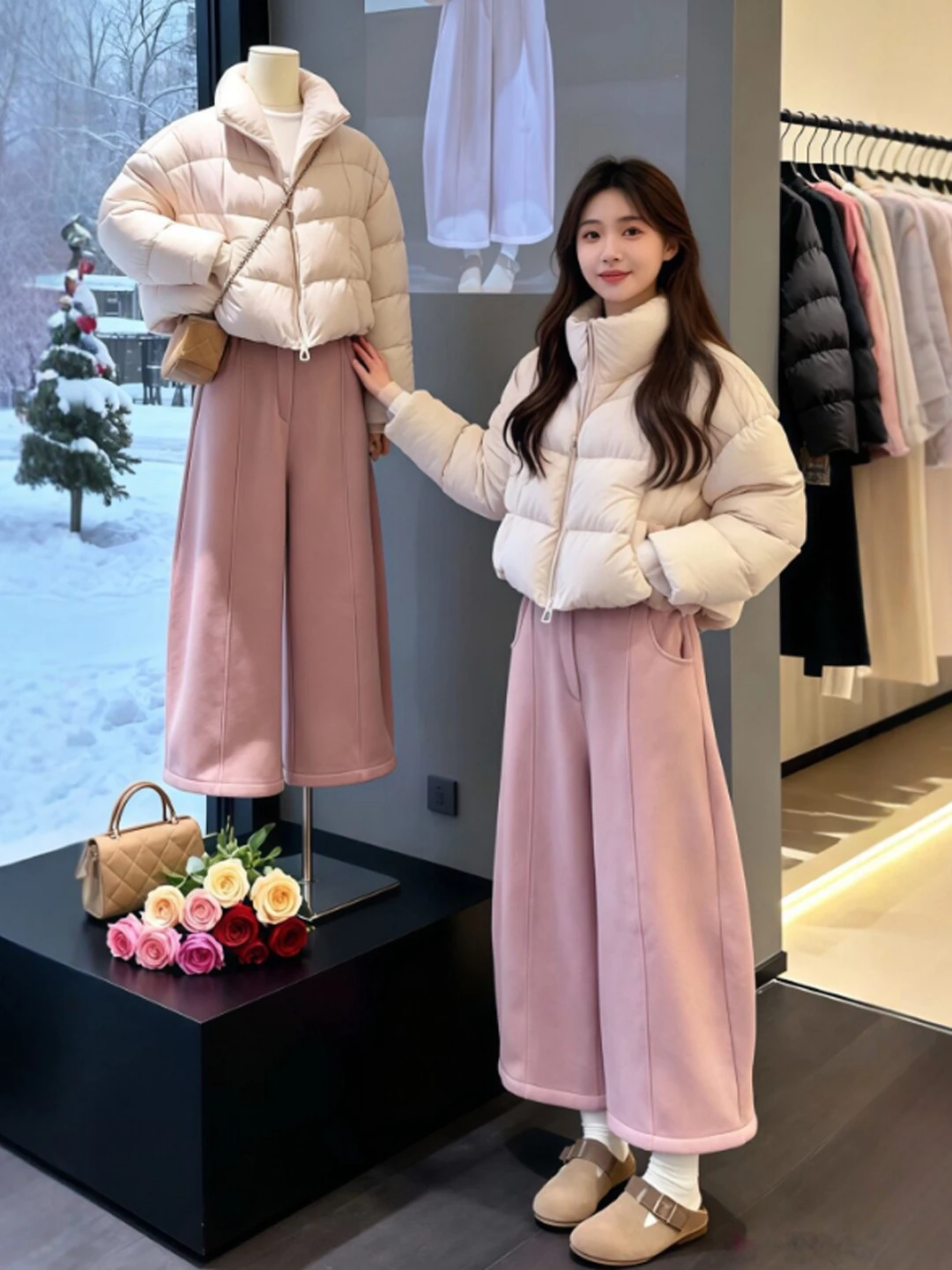 

Уникальный комплект из двух предметов: укороченный хлопковый жакет и широкие брюки. Омолаживающий эффект. Зимний модный женский/студенческий комплект.