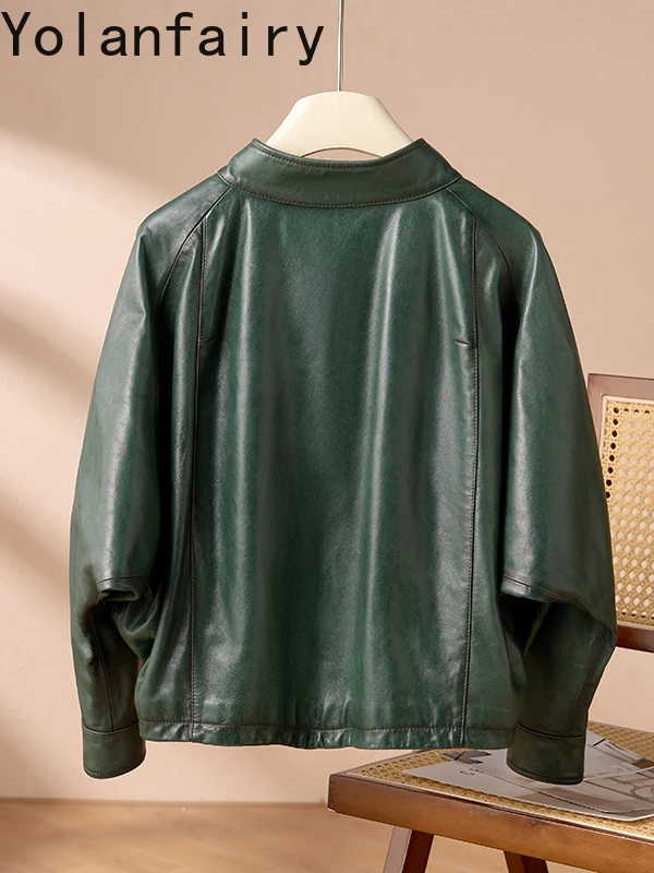 YOLANFAIRY Olie-gewaxte Schapenvacht Lederen Jassen voor Vrouw 2025, Korte Vintage Lederen Jas Vrouwen Motorfiets Leren Jas