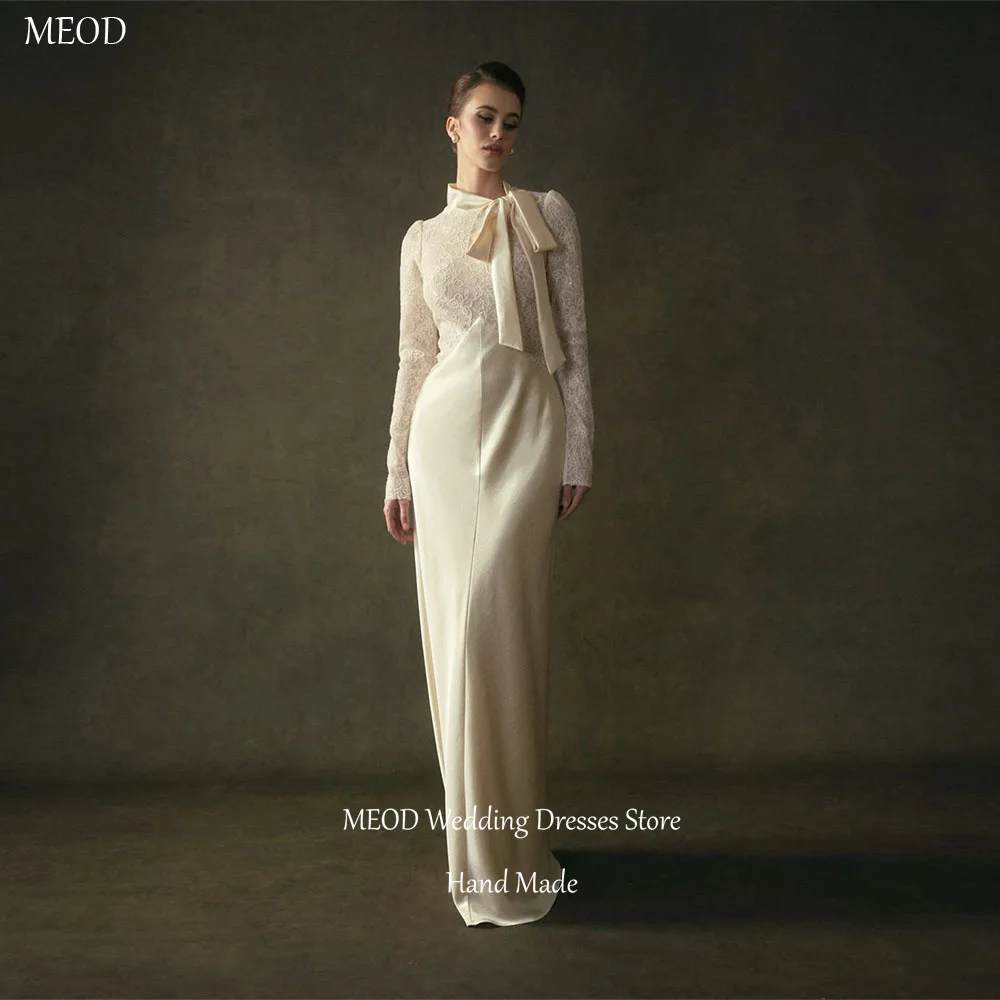 MEOD Satin A Line Formal Wedding Dresses Women Lace O Neck Bow Elegant Vestidos De Novia Long Sleeves Modern Dress Customized