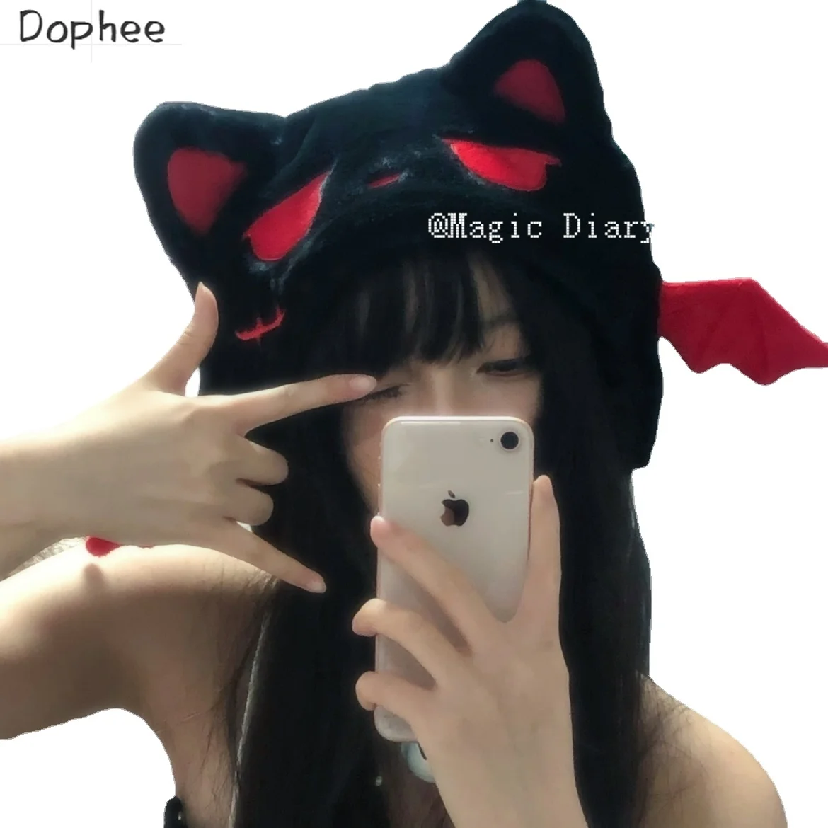 Dophee Demon Wings Cute Cat Ears Plush Ball Women Caps Cartoon Subculture Animation Anime Autumn Winter Skiing Caps Cold Hats