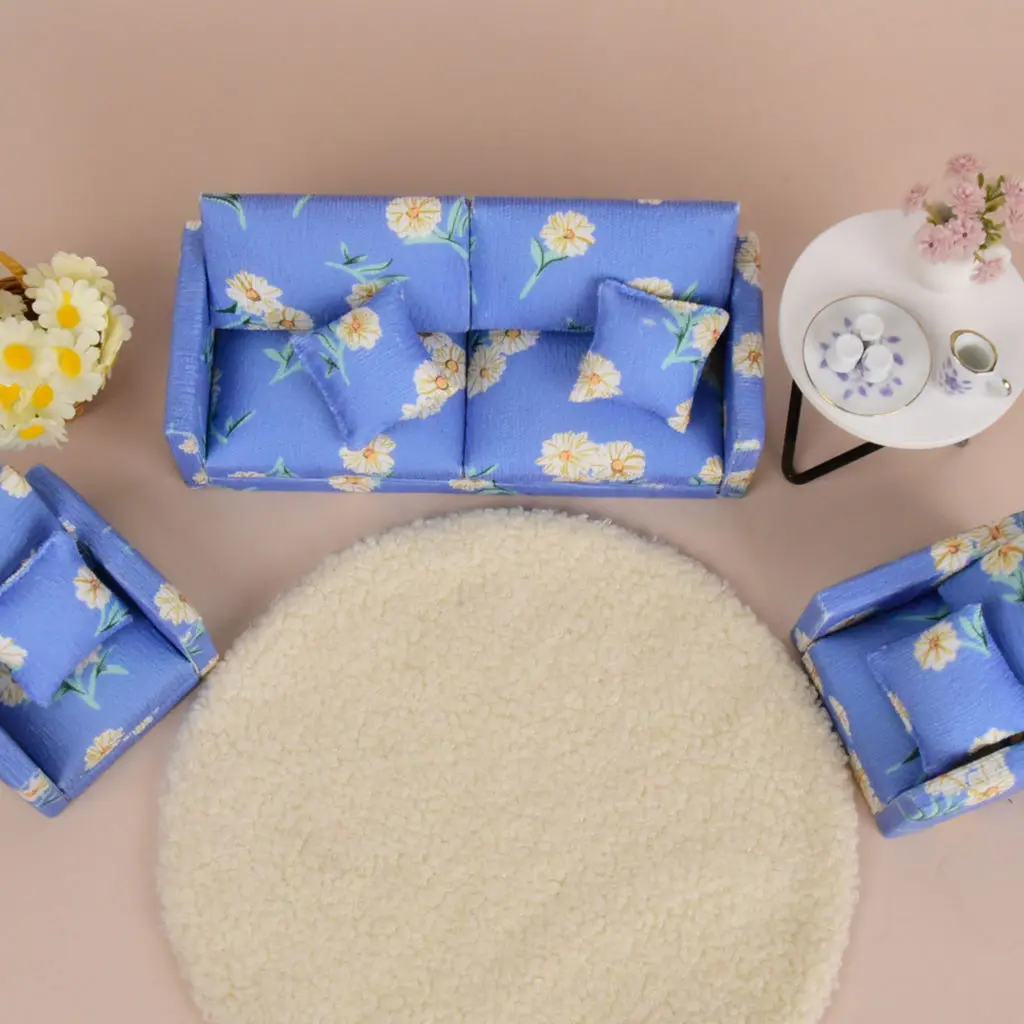 Mini Floral Fabric Sofa Set, Dollhouse Living Room Furniture Accessory, Daisy Print Couch Prop for OB11 Diorama Layout