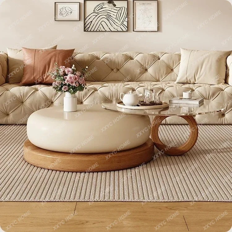 .Cream Style Retro  Coffee Table Small Apartment Solid Wood Modern Simple round Tea Table