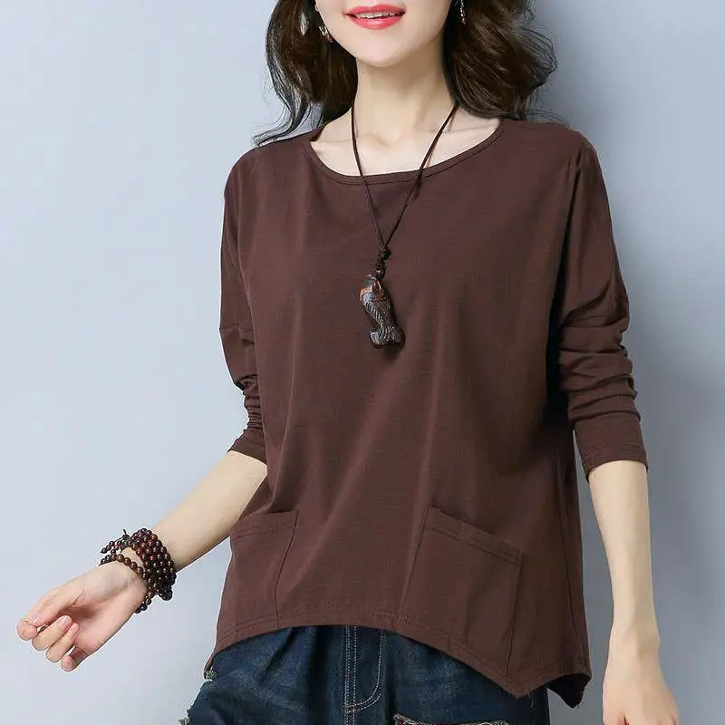 2023 Autumn Big Size Women's Clothing New Loose Leisure Batwing Sleeve Round Neck Solid Color Pocket Splicing Long-sleeved Top