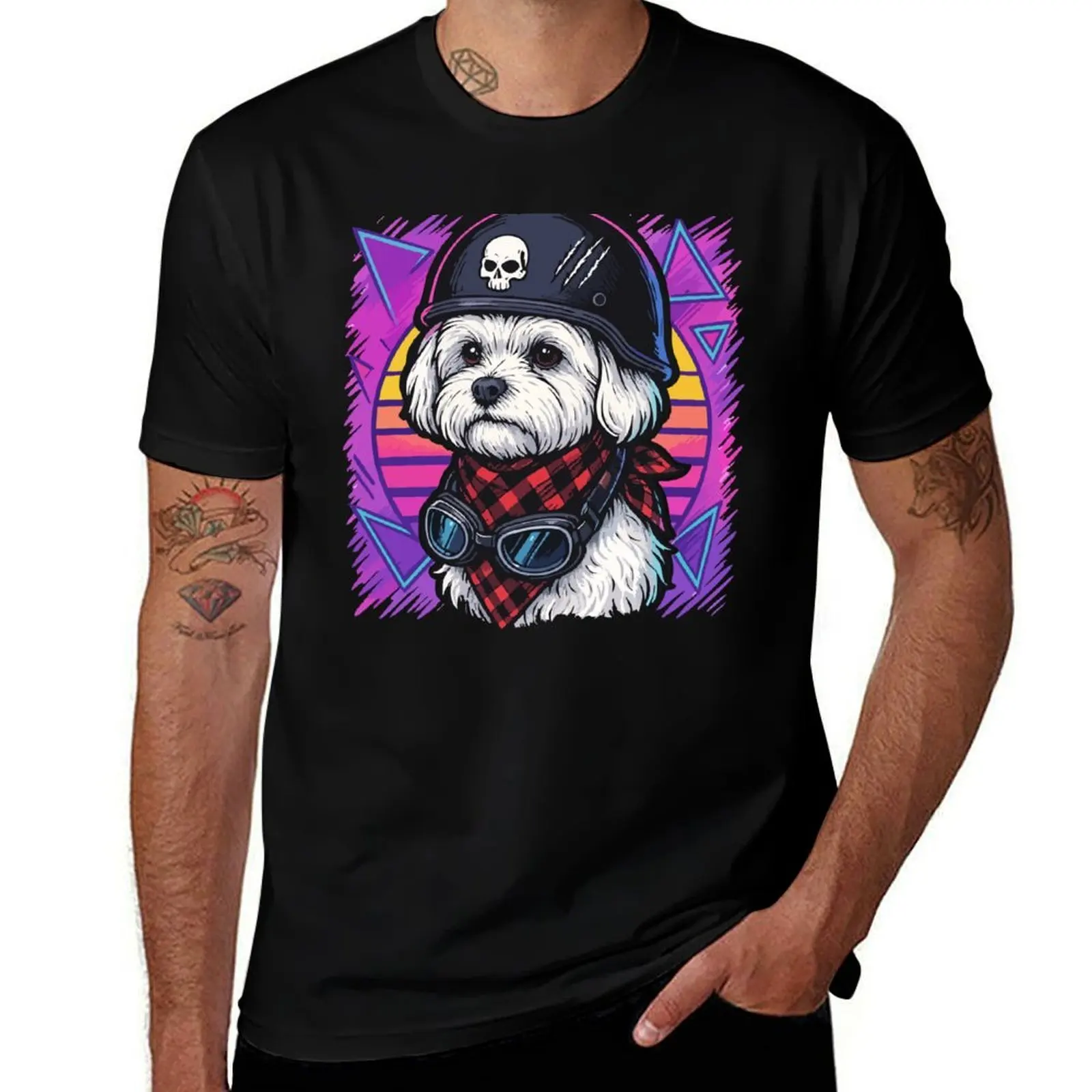 

Biker Maltese Dog Skull Helmet Retro T-Shirt custom t shirt anime shirt sweat kawaii clothes mens workout shirts