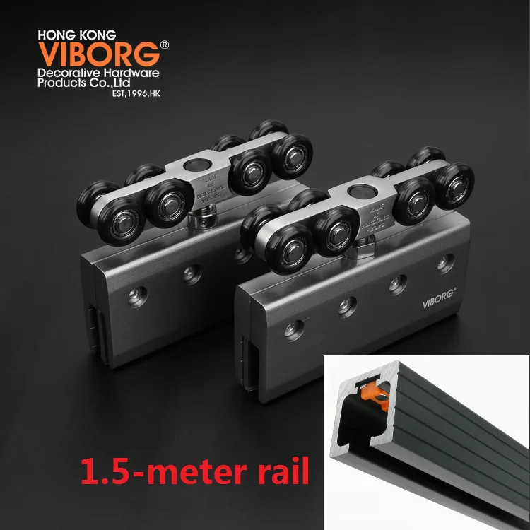 VIBORG Super-quiet&smooth Hanging Frameless Sliding Glass Door Hanger Hardware Set kit Wheels Roller Set with 1.5-meter rail