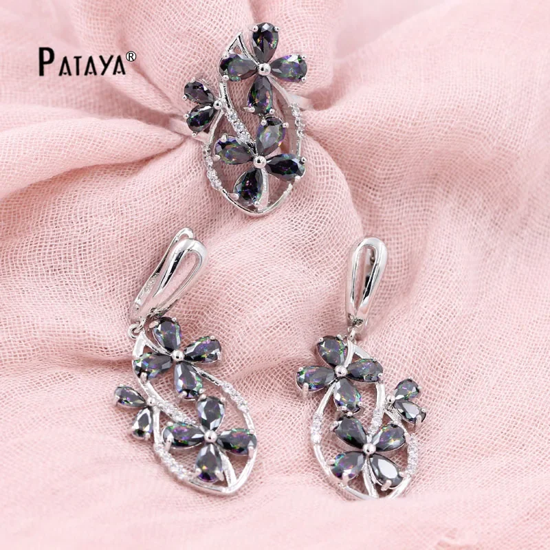 

PATAYA-Real White Gold Jewelry Set for Women Colorful Flower Natural Zirconia Ring Earrings Wedding Accessories Fine Jewelry