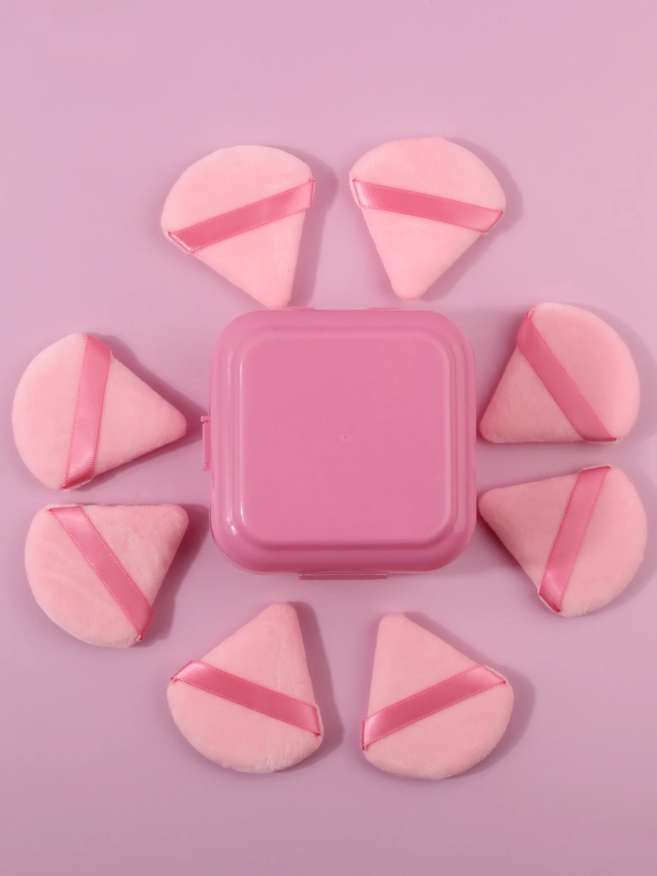 8 peças de sopro de pó triangular flocado super macio, esponja de configuração, sopro de pó, ferramenta de beleza de dupla finalidade seca e molhada + 1 peça de armazenamento bo