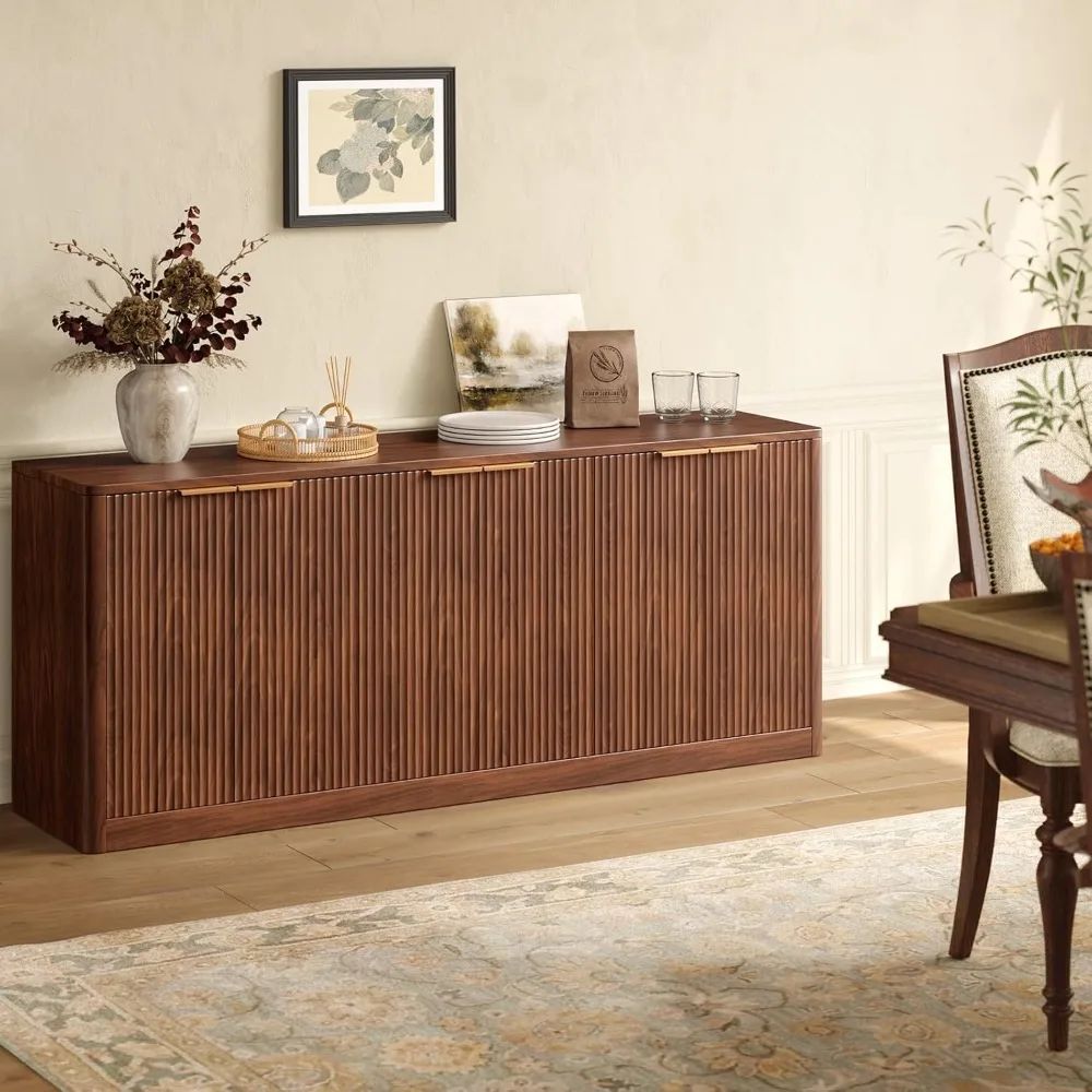 

67" Fluted Walnut Buffet Cabinet Sideboard with Storage, Large Credenza with 6 Doors - Mid-Century Modern Wood Console for Kitch