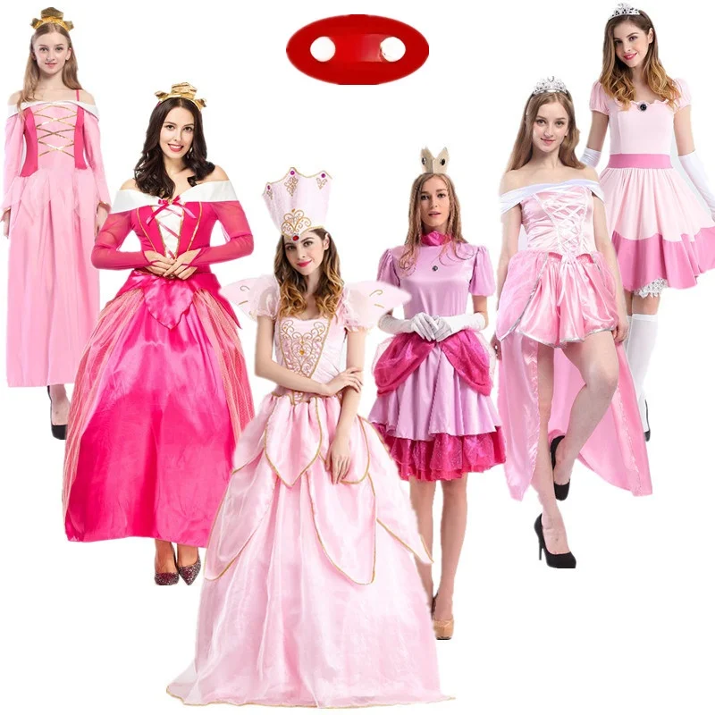 ชุดคอสตูมเจ้าหญิงสีชมพูสำหรับผู้ใหญ่ ชุดแสดงวันฮาโลวีน นางฟ้าแม่ทูนหัว กระโปรงยาว ชุดแสดงบนเวที ทำจากเส้นใยโพลีเอสเตอร์ 100%