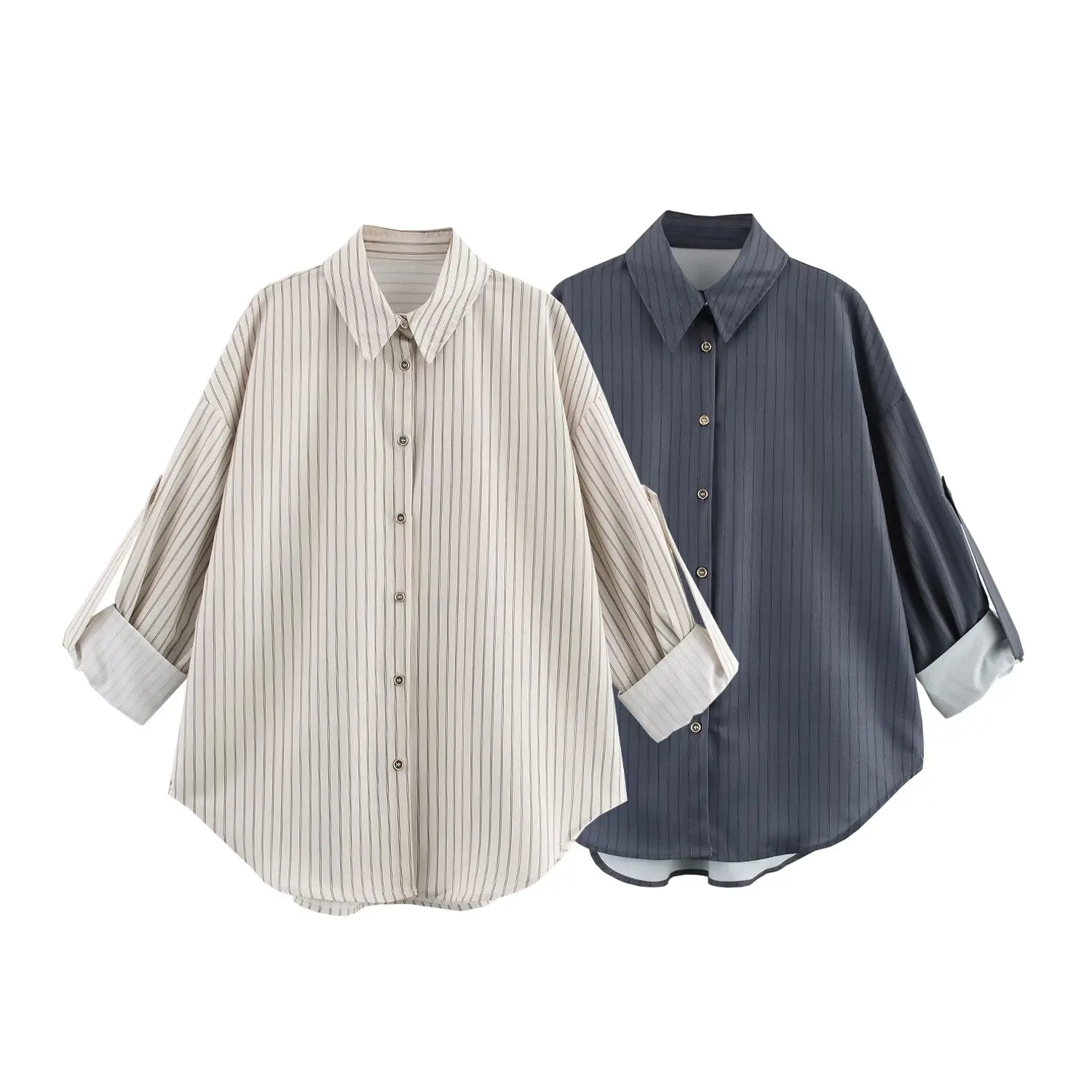 

2026 New Arrivals: Women's Striped Collared Shirt — European & American Style, Fashionable Loose Fit, Adjustable-Length Sleeves