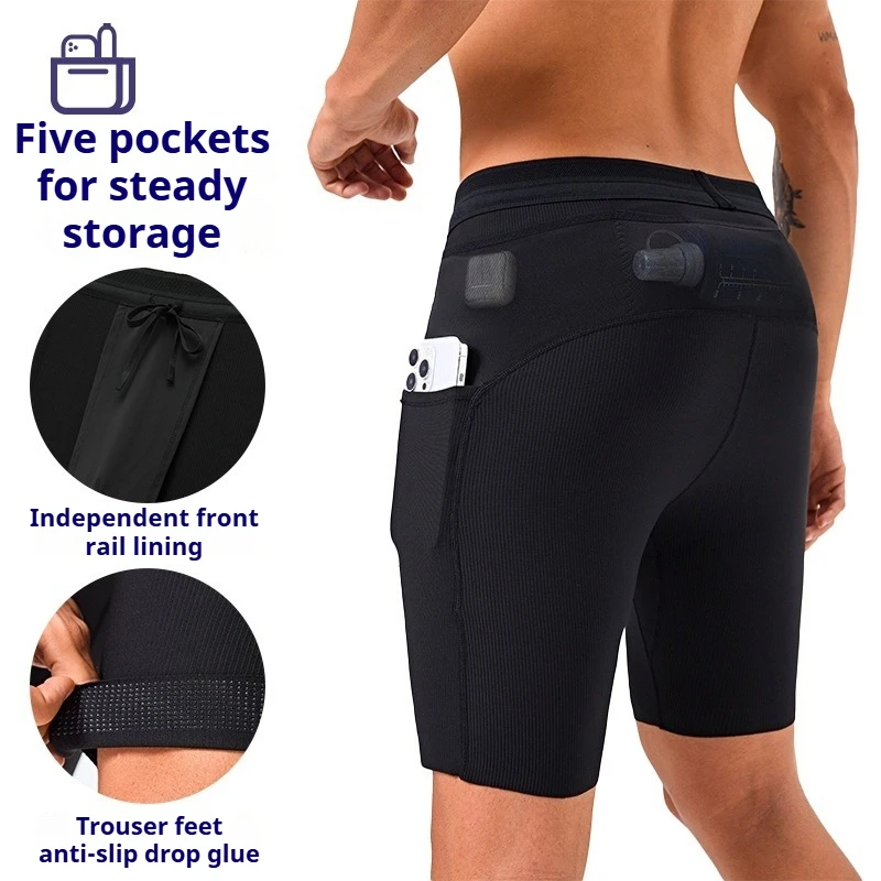 

Men's Compression Running Shorts Quarter Length Quick Dry with Built-in Liner & 360° Waist Pocket for Marathon Trail Training