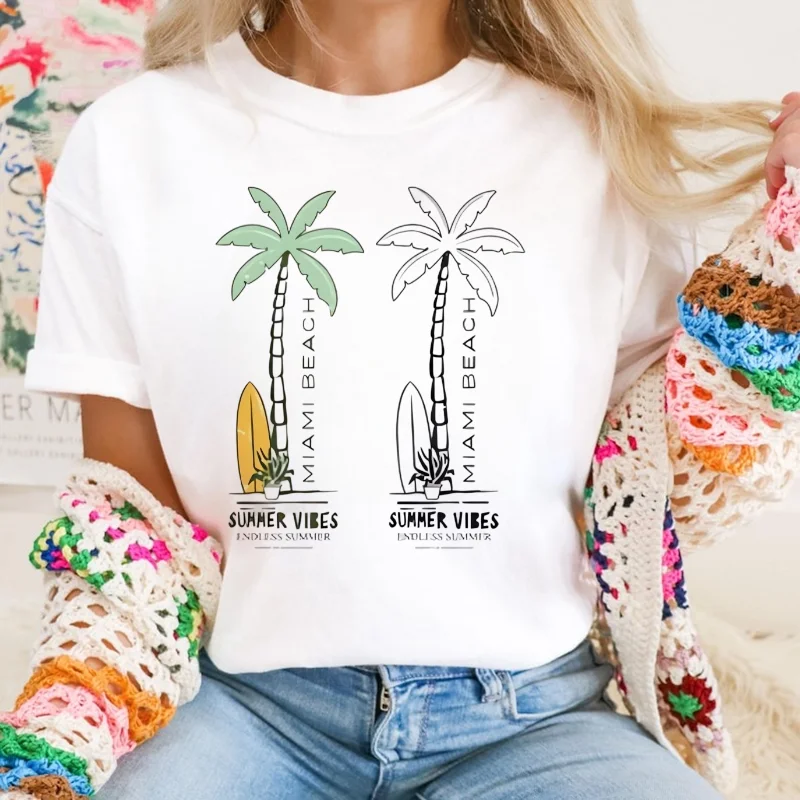 

Women's Printed Short Sleeved Surfing Enthusiast Basic T-Shirt Fashionable Round Neck Casual Popular Clothing Summer Top T-Shirt