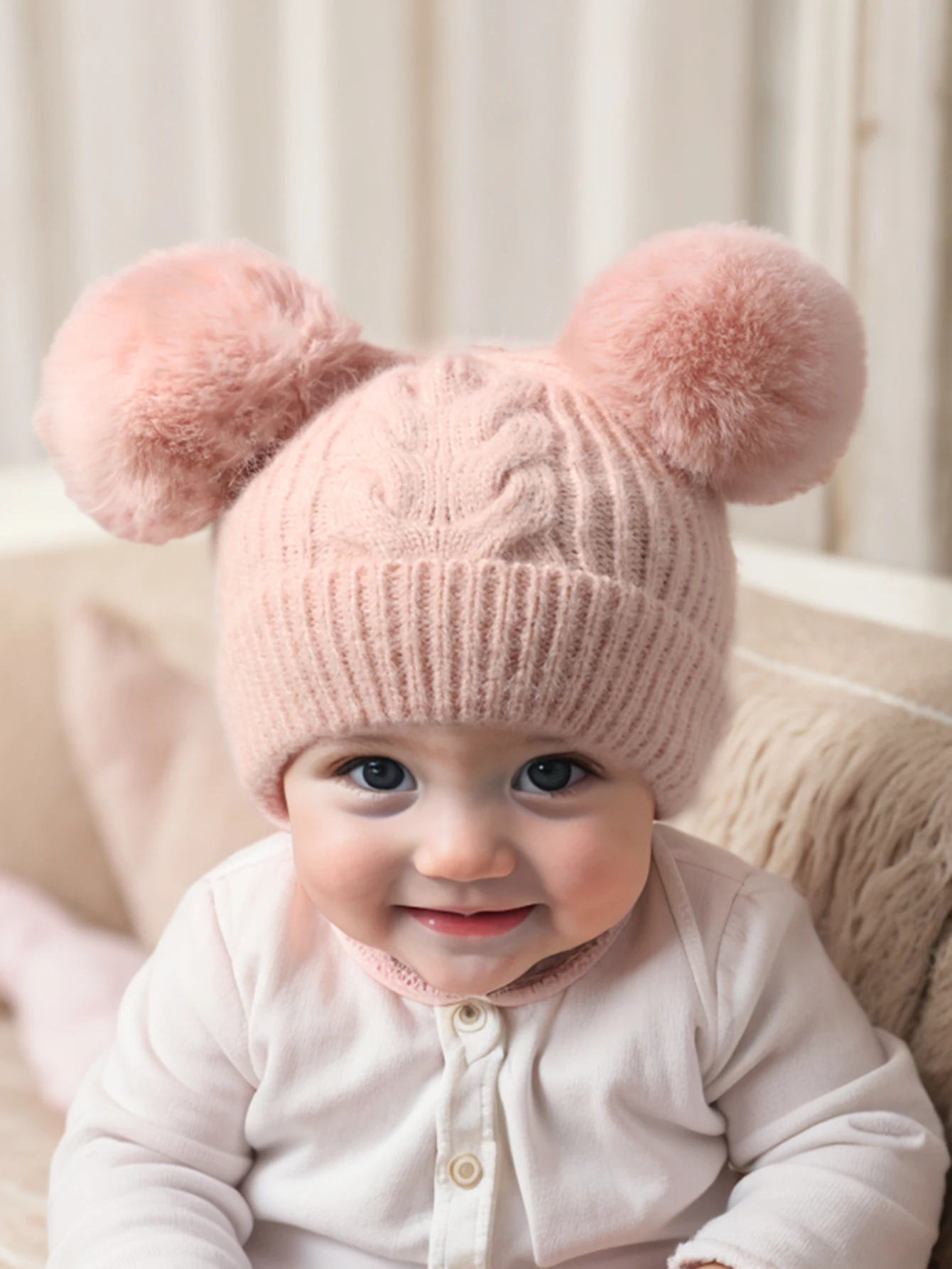 1pc Baby double Pom-Pom Beanie, Cozy Knit Winter Warm Heart Cute Hat For Kids 1-3Y