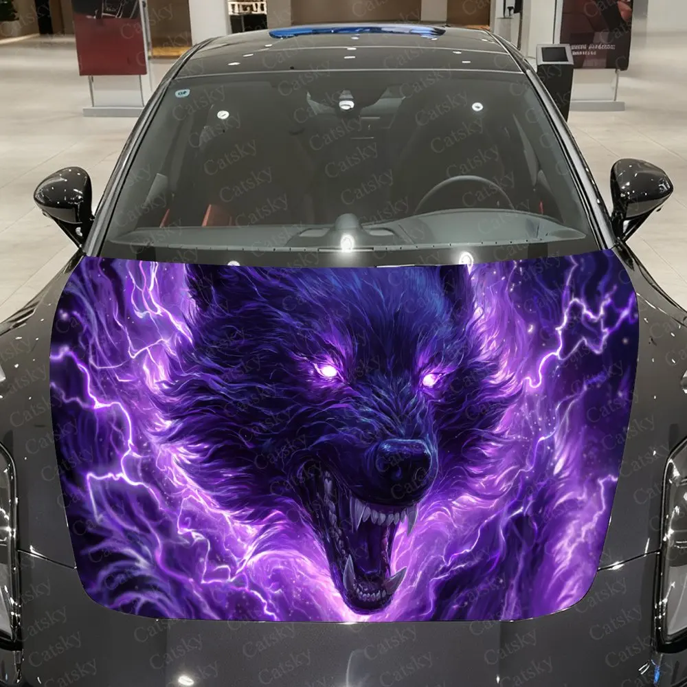 

Purple Flame Lightning Shadow Wolf King Car Vinyl Wrap, PVC Waterproof Car Hood Sticker, Self-Adhesive Scratch-Resistant Sticker