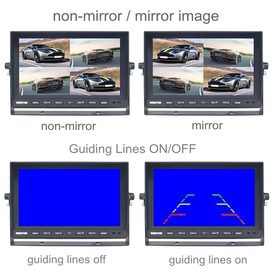 DIYSECUR 10.1inch AHD IPS 4CH 4 Split Quad Screen Display Rear View Car HD Monitor for 1080P 720P AHD CVBS Car Camera