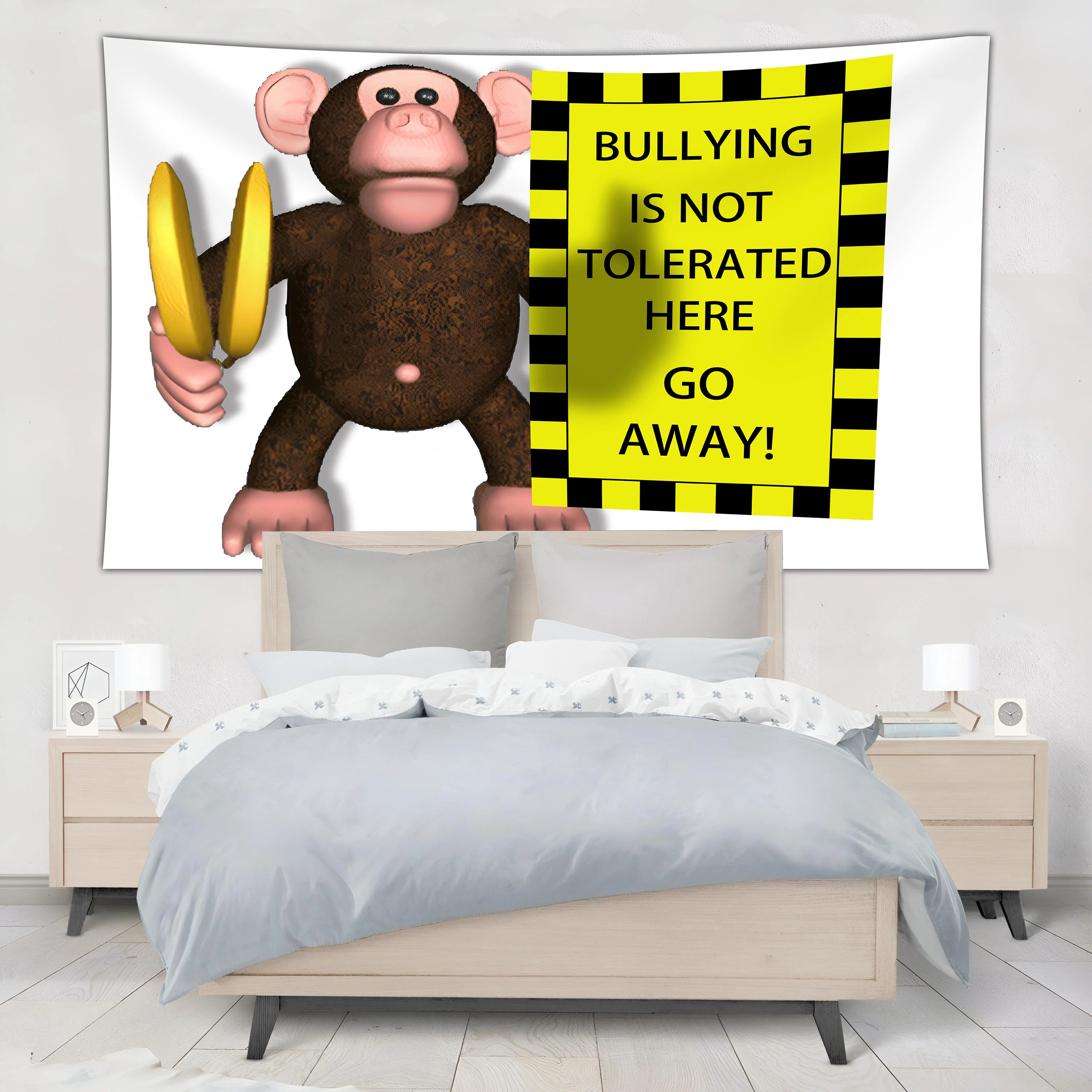 1 Stück Anti-Bullying-Wandteppich-Banner – lustiges Affen-Meme-Design mit „Bullying Is Not Tolerated Here“-Nachrichten-Tülle für die obere Wand