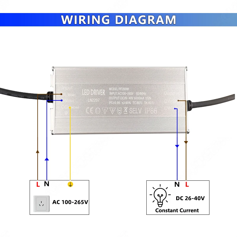 Trasformatore di illuminazione IP66 impermeabile corrente costante alimentatore LED Drive guscio in alluminio convertitore AC/DV 26V-40V 6000mA 200W