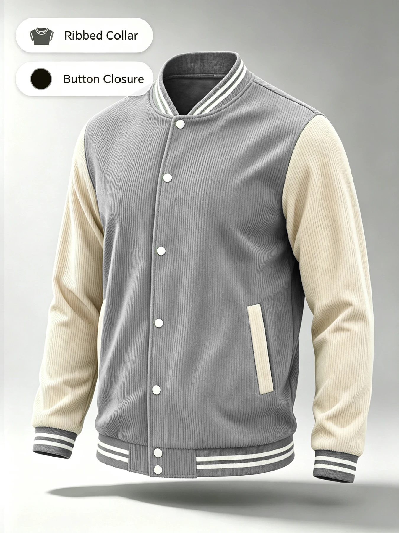 Men's Corduroy Baseball Jacket | Retro Varsity Sporty Style | Retro Textured Corduroy Fabric | Striped Ribbed Trim with Button &