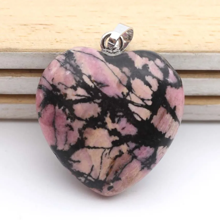 30x30mm Lovely Heart Stone Pendant Natural Crystal Rose Quartz Amethyst Rhodonite Lapis Lazuli Pendant Necklace Women Jewelry