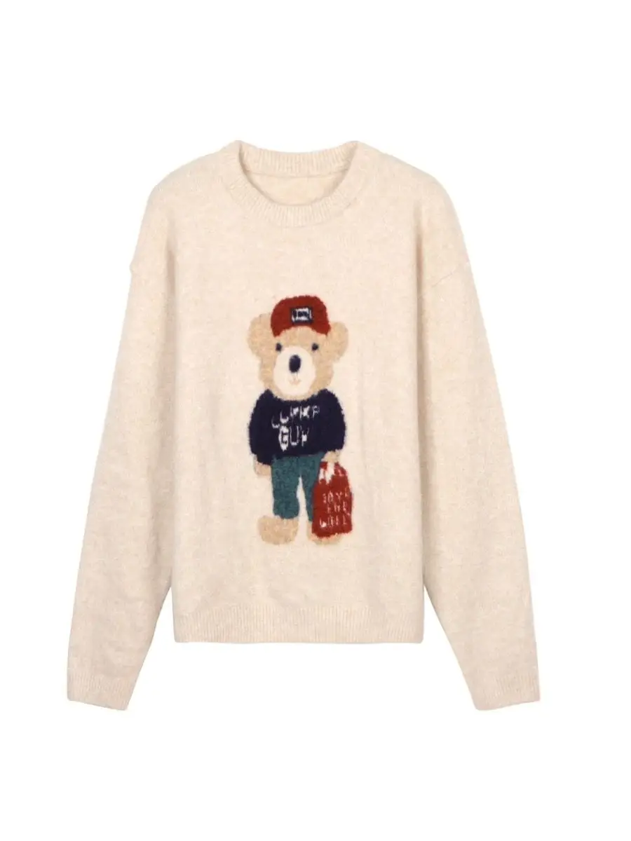 Cute Bear Embroidery Autumn Winter Sweater Women Loose Round Collar Kawaii Knit Top Harajuku Long Sleeve Sueter Mujer Pullover