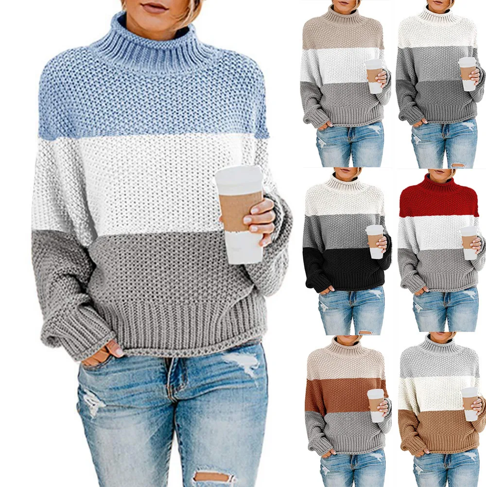 

Autumn Winter Knitted Sweater High Ne Long Sve Color Blo Thi Yarn Women's Faion Commute Sle Loose Fit Crew Ne