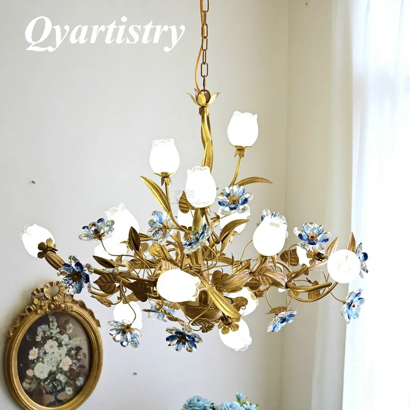 

American Vintage Chandelier Lighting E14 Bulb Luxury Crystal blue Farmhouse Ceiling Pendant Lamp For Living Dining Room Bedroom