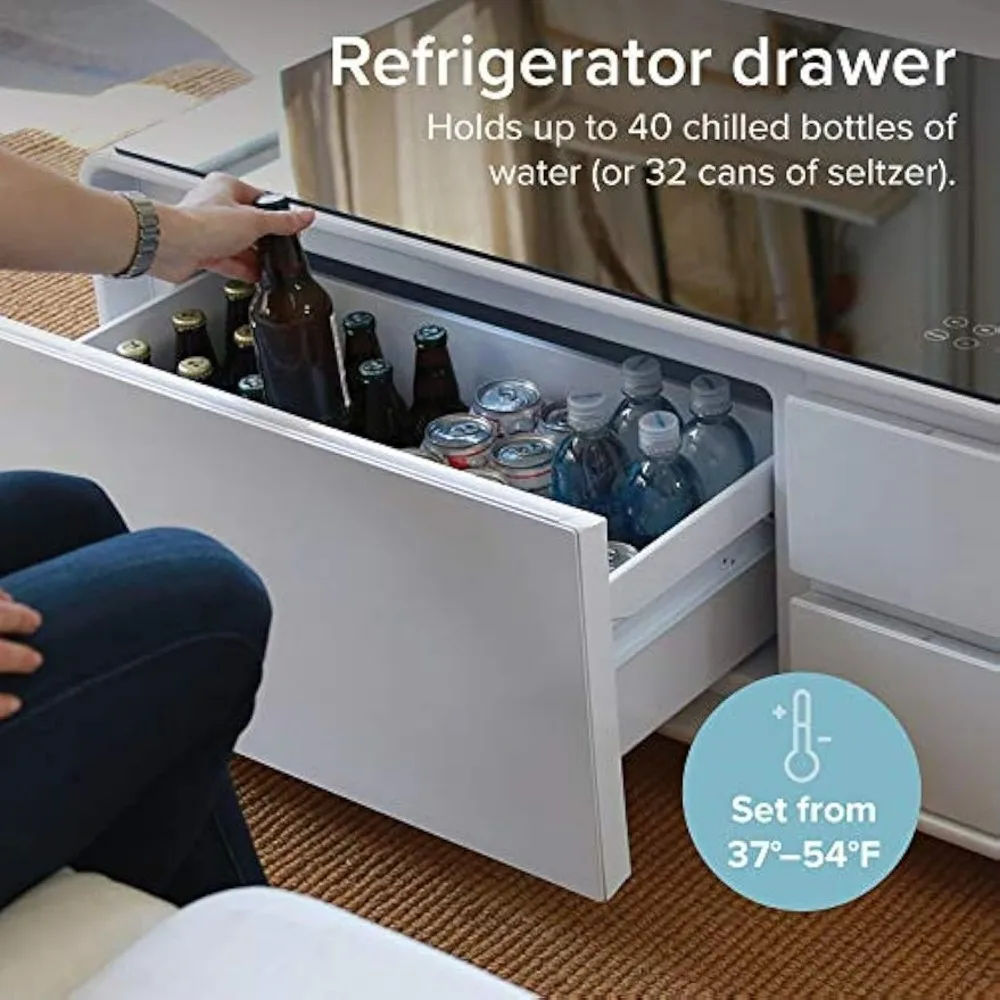 Coffee Table with Built in Fridge, Speakers, Outlets, LED Light, and More - White