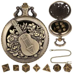 Chinese Instrument Pipa Design Bronze Rose Pocket Watch Case Men with Chain with 7PCS Metal Polyhedral Dice Meter Header Gifts