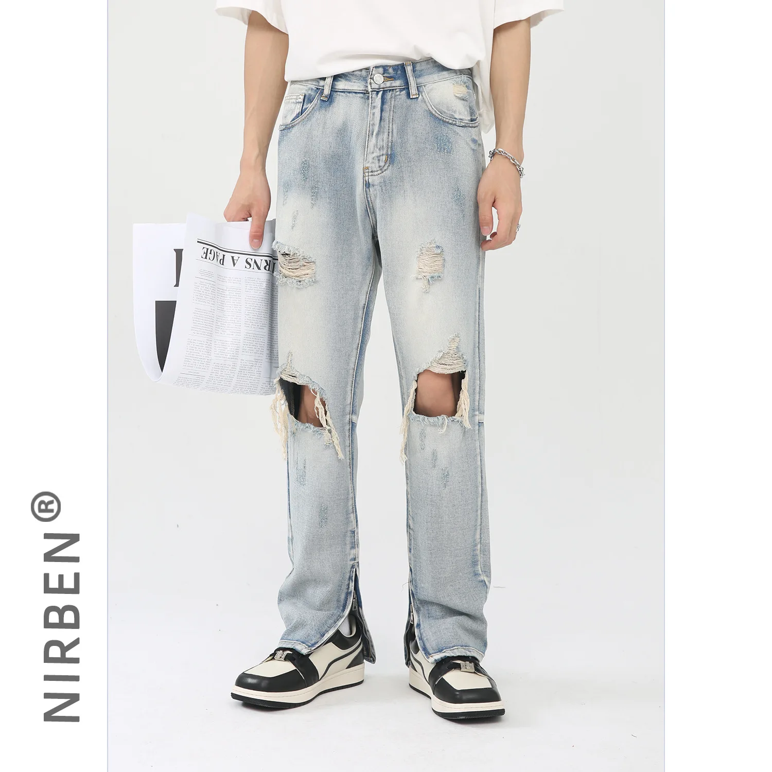 Denim High Street Ripped Men's And Women's Same Hip Hop Retro Washed Zipper Beggar Pants