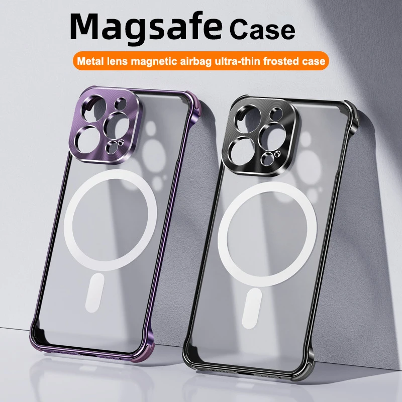 

For iPhone 15 14 13 Pro Max Phone Case Metal Lens aluminum alloy frame Magnetic MagSafe Matte frosted air bag Protective cover