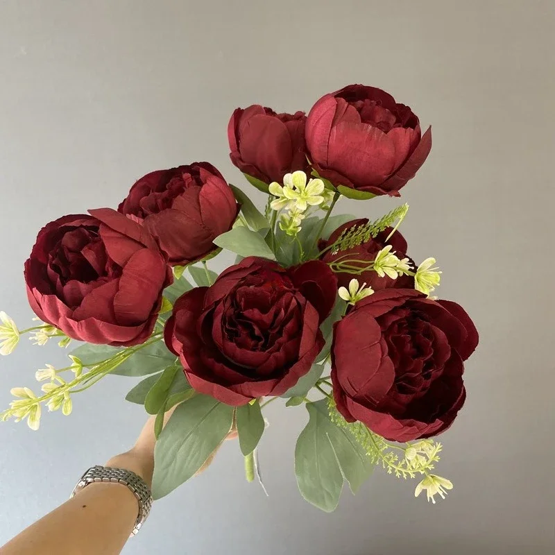 3/4 Stück Hochzeits-Pfingstrosen in Rosa, herzförmig verpackt, künstliche Blumen, 7 Blütenköpfe, Pfingstrosenstrauß, Seidenblumen, Heimdekoration – Detail 14