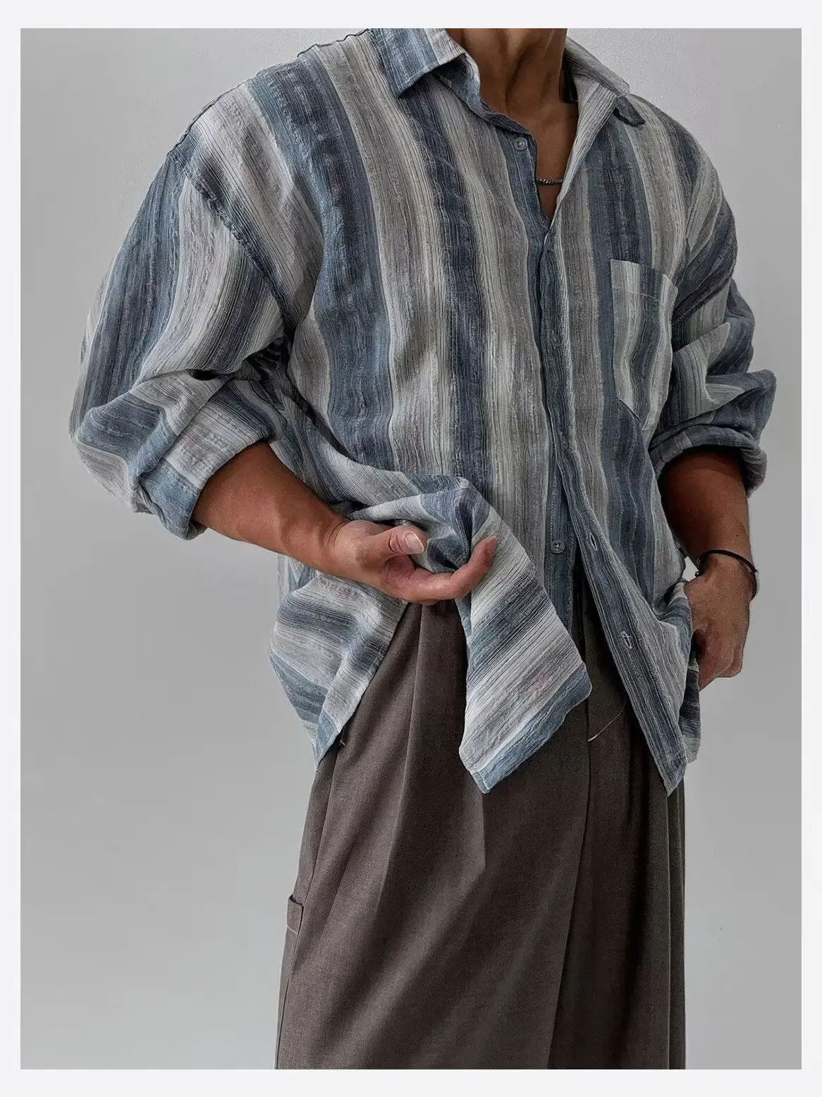 American Vintage Color Block Striped Men's Shirt Gauze Wide Version Long Sleeve Lightweight Sun Protection Cotton Linen Shirt